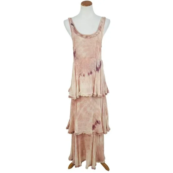 RARE Free People X New Romantics Blush Tie Dye Tiered Ruffle Hem Boho Maxi Dress - Picture 3 of 16
